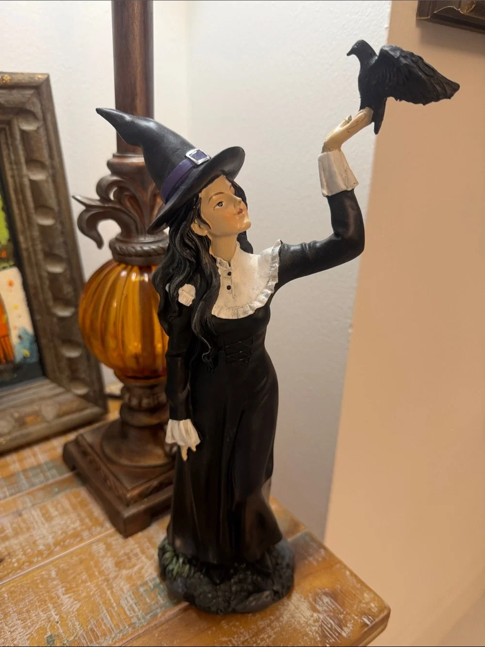 Halloween Witch Figurine with Raven - Black & Cream Accents